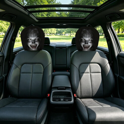 (Black#G, -) Funny Face Car Headrest Covers, Soft Polyester Seat Protector