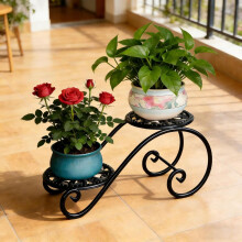 (Black, -) Support plantes métal 2 niveaux, rond, intérieur extérieur