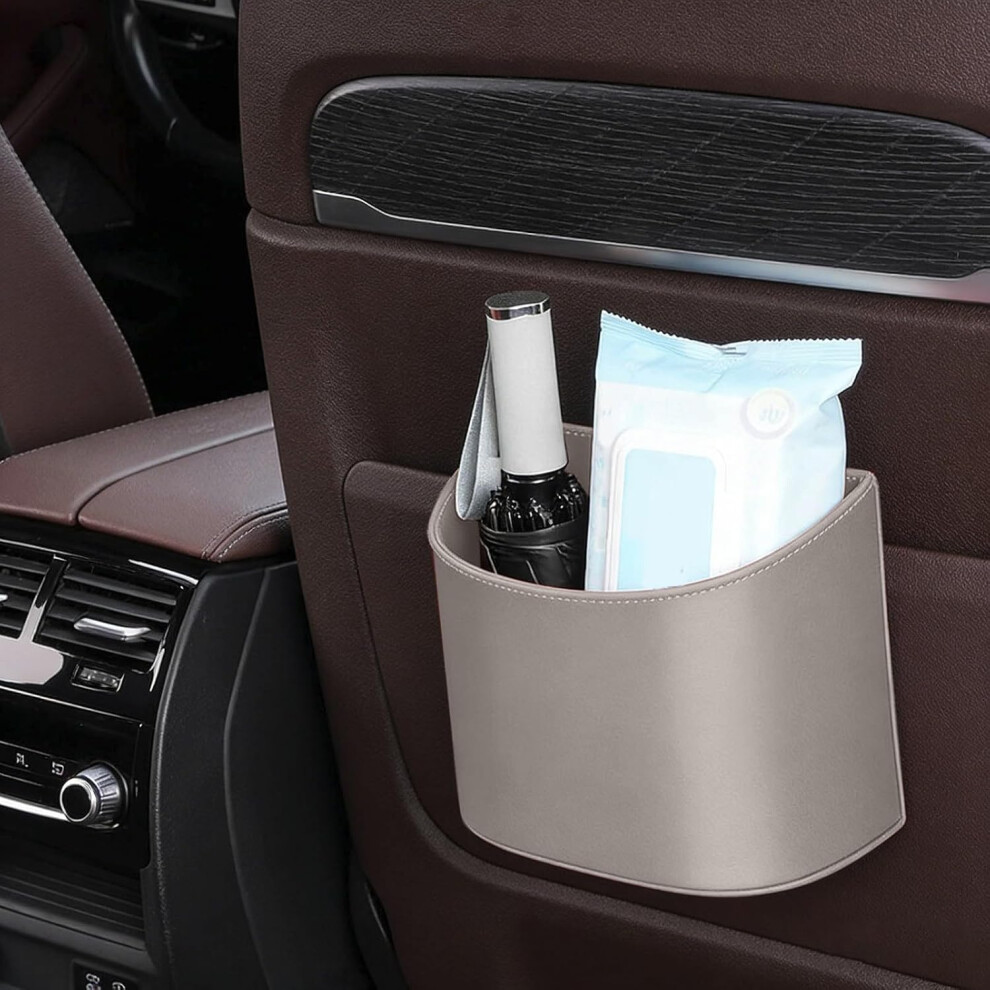 (White#L, -) Universal Leather Car Trash Can, Leakproof Hanging Back Seat Organizer White 5437706376583