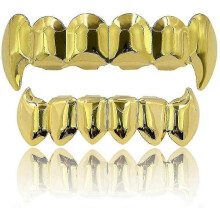 (Gold grillz) 18k Gold Silver Plated Hip Hop Vampire Fangs Top Bottom Teeth