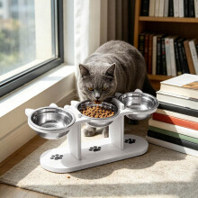 (White#B, -) Verhoogde Kattenbak - 15 Verstelbare RVS Voerbak