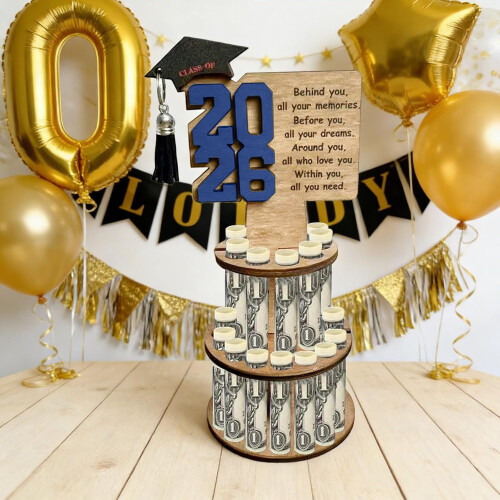 (Blue, -) Support argent diplôme 2026, bois, cadeau graduation 2
