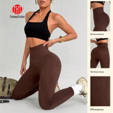 (Brown, Medium) European American Popular Seamless High-Waist Jacquard Yoga Pants - Comfortable Hip-Lifting Sports Fitness Leggings