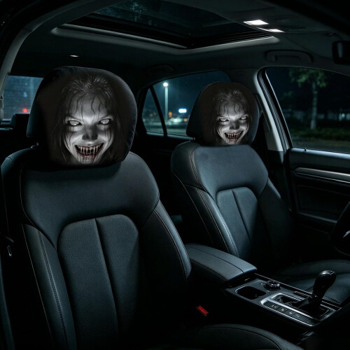 (Black#G, -) Funny Face Car Headrest Covers, Soft Polyester Seat Protector 2
