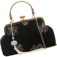 (Black, -) Delikate Kette Abendtasche, Chinesisch, Seide, Stitching, Schulter, Damen, Handtasche