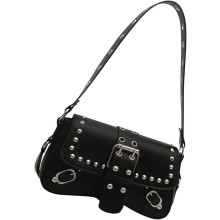 (Black, -) Leder Schultertasche, Crossbody, Damen, Nieten, Hobo, Handtasche, Verstellbar, Umhängetasche
