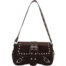 (Coffee, -) Leder Schultertasche, Crossbody, Damen, Nieten, Hobo, Handtasche, Verstellbar, Umhängetasche
