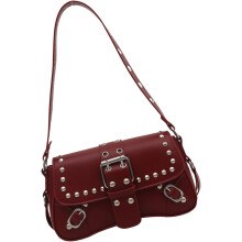 (Red, -) Leder Schultertasche, Crossbody, Damen, Nieten, Hobo, Handtasche, Verstellbar, Umhängetasche
