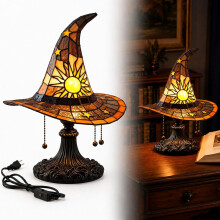 (Golden Sun, -) Stained Glass Witch Hat Lamp, Halloween Gothic Table Decor