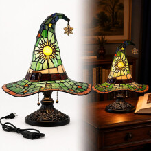 (Forest Green, -) Stained Glass Witch Hat Lamp, Halloween Gothic Table Decor