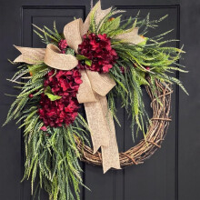 (#D, -) Handgefertigter Hortensien Kranz, Weiß, Jute, Schleife, Tür, Veranda, Wand, Frühling, Deko, #A