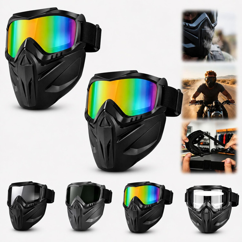 (2Pc-Colorful, -) Detachable Full Face Goggle Mask, Windproof For Motorcycle Riding 5437706461593