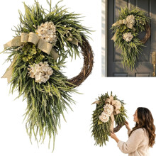 (#a, -) Handgefertigter Hortensien Kranz, Weiß, Jute, Schleife, Tür, Veranda, Wand, Frühling, Deko, #A