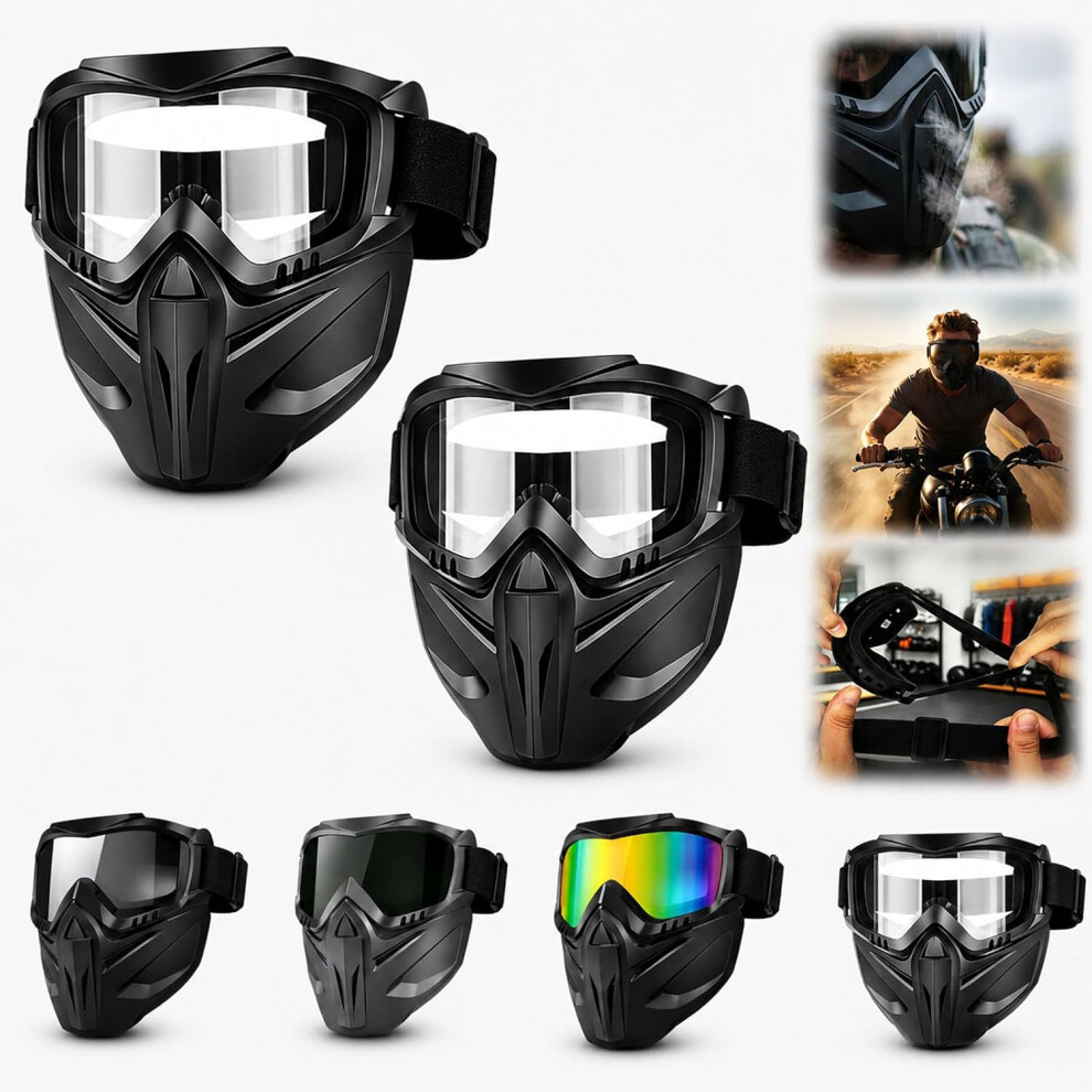 (2Pc-Transparent, -) Detachable Full Face Goggle Mask, Windproof For Motorcycle Riding 5437706461579