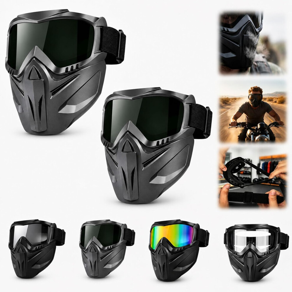 (2Pc-Black, -) Detachable Full Face Goggle Mask, Windproof For Motorcycle Riding 5437706461609