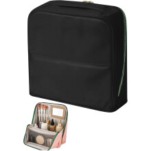 (Black, L) Geantă de machiaj compartimentată, organizator cosmetic de călătorie cu oglindă
