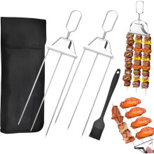 (2pcs+Brush, -) Brochetas de barbacoa 3 en 1, con deslizador