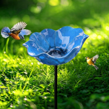 (Blue, 6 inches in diameter) 2026 Stație de adăpare a păsărilor și a albinelor cu flori metalice, decor de grădină