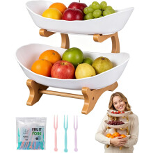 (White, Two Floors) 3-Laags Fruitmand - Met Bamboe Standaard, Wit