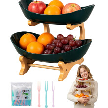(Green, Two Floors) 3-Laags Fruitmand - Met Bamboe Standaard, Wit