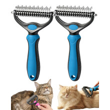 (2Pcs Blue, -) Dual Sided Pet Grooming Comb, Knotter Tool for Removing Mats Tangles