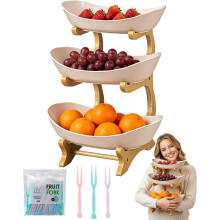 (Apricot, Three Floors) 3-Laags Fruitmand - Met Bamboe Standaard, Wit