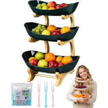 (Green, Three Floors) 3-Laags Fruitmand - Met Bamboe Standaard, Wit