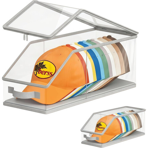 (Light gray, C) Stackable Baseball Cap Storage Box, Dust Proof Hat Organizer