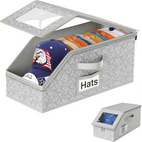 (Light gray, A) Stackable Baseball Cap Storage Box, Dust Proof Hat Organizer