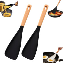 (black*2pc, -) Multifunktionale Küchenspatel, 3-in-1, Silikon, Holzgriff, Rühren, Schöpfen, Servieren, Schwarz, 2 Stk