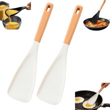 (white*2pc, -) Multifunktionale Küchenspatel, 3-in-1, Silikon, Holzgriff, Rühren, Schöpfen, Servieren, Schwarz, 2 Stk