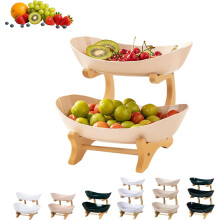 (Apricot-2Tier, -) 3-Laags Ovaal Fruitmand - Wit, Met Bamboe Standaard