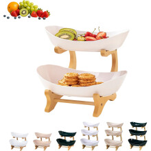 (White-2Tier, -) 3-Laags Ovaal Fruitmand - Wit, Met Bamboe Standaard