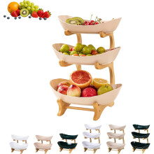 (Apricot-3Tier, -) 3-Laags Ovaal Fruitmand - Wit, Met Bamboe Standaard
