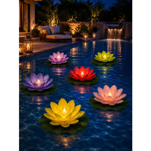 (6pcs-D, -) Solar Lily Floating Pool Lights, Glowing Artificial Lotus Lantern