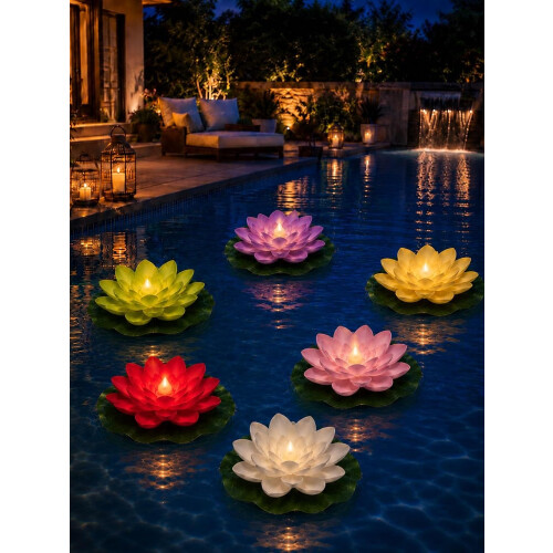 (6pcs-C, -) Solar Lily Floating Pool Lights, Glowing Artificial Lotus Lantern