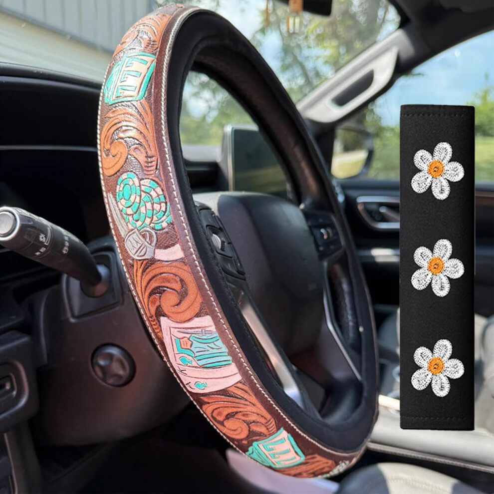 (C Color, -) Western Cowboy Retro Floral Steering Wheel Cover, 15 Inch Anti-Slip 5437706481126