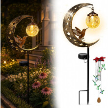 (2 PCS+Wind chimes, -) 2PCS Hummingbird Moon Solar Garden Stake Light, Crescent Outdoor Lamp
