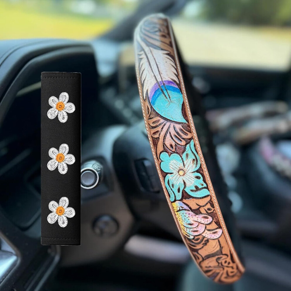 (A Color, -) Western Cowboy Retro Floral Steering Wheel Cover, 15 Inch Anti-Slip 5437706481140