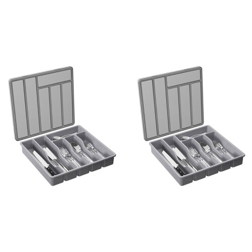 2X Silverware Organizer with Lid,Covered Utensil Tray for Kitchen Drawer Plastic Cutlery and Flatware Gray