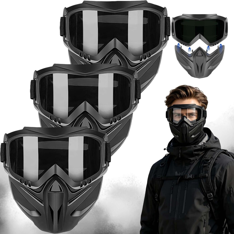 (3Pc Black, -) Detachable Full Face Goggle Mask, Anti-Fog Windproof Safety Shield 5437706484691