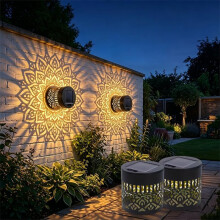 (warm light - 2 pcs, -) Solar Fence Lights Outdoor Waterproof, Metal Mandala Wall Light