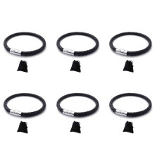 6X Läderarmband i Rostfritt Stål, Flätat Läderarmband, för Män Kvinnor, Svart - Bredd 6 mm - Längd 19 cm