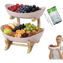 (Apricot, Two Floors) 2/3-Laags Ovaal Fruitmand - Groen, Met Bamboe Standaard