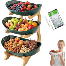 (Green, Three Floors) 2/3-Laags Ovaal Fruitmand - Groen, Met Bamboe Standaard