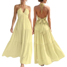 (Yellow, Small) Rochie maxi de vară pentru femei, cu imprimeu boho și halter, cu papion și imprimeu floral, model plajă