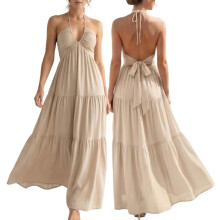 (Apricot, Medium) Rochie maxi de vară pentru femei, cu imprimeu boho și halter, cu papion și imprimeu floral, model plajă