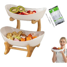 (White, Two Floors) 2/3-Laags Ovaal Fruitmand - Groen, Met Bamboe Standaard