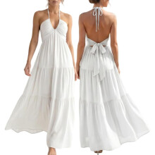 (White, Large) Rochie maxi de vară pentru femei, cu imprimeu boho și halter, cu papion și imprimeu floral, model plajă