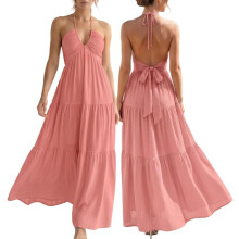 (Pink, XX-Large) Rochie maxi de vară pentru femei, cu imprimeu boho și halter, cu papion și imprimeu floral, model plajă